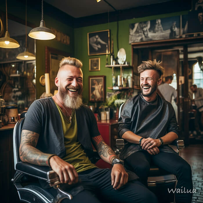 lemo_men_at_a_barber_shop_smiling_in_the_style_of_matti_suurone_b2189ffe-c8f6-40e2-b7b7-7872755e3410